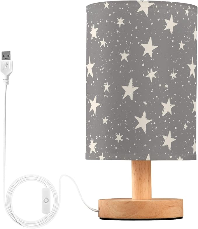 Hand Draw Stars on Grey Background Bedside Table Lamps with USB Port for Bedroom Lamp Small Nightstand Lamp Sturdy Linen Shade Wooden Base Decorative Lamps for Kids Reading Dorm Home
