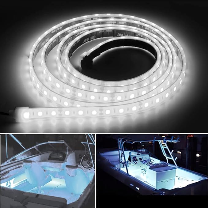 Marine Submersible Boat LED Strip Lights, 12V 6FT IP68 Waterproof Underwater Boat Lights, Boat Interior Light, Boat Deck Light Courtesy Lights for Night Fishing Pontoon Kayak Boats, White