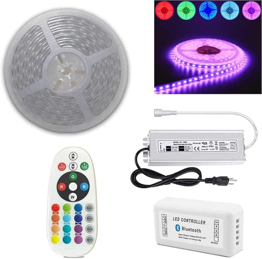 155FT (75FT/Roll + 80FT/Roll) 60LEDs/M 24V 5050 IP67 Waterproof RGB LED Flexible Strip Light w/Bluetooth Remote & Controller(Waterproof) and Power Supply(Waterproof)