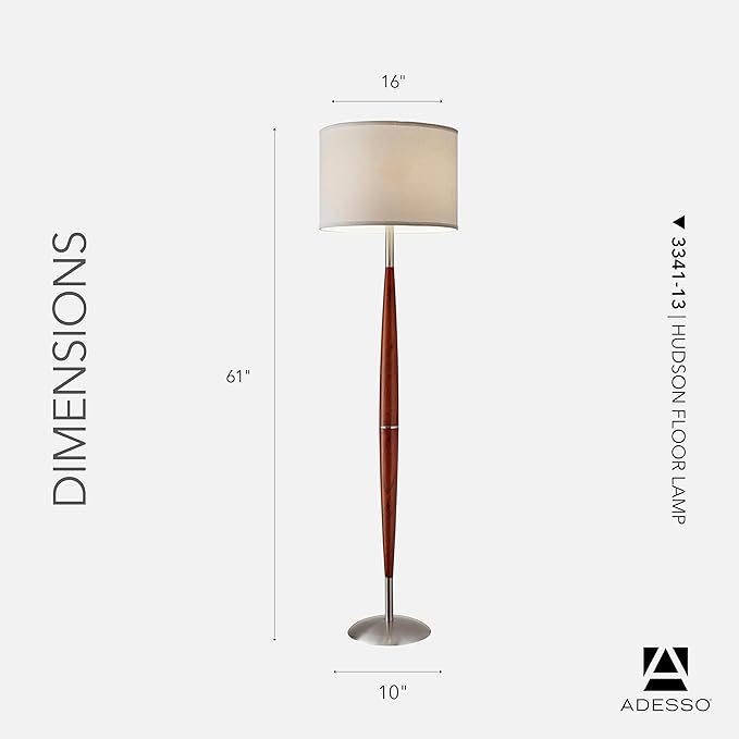 Adesso Hudson Floor Lamp - Adjustable Brightness, Perfect Lighting for Bedroom, Living Room and Corner Decor, Maple Eucalyptus Wood & Satin Steel Accents, Soft/White Lampshade