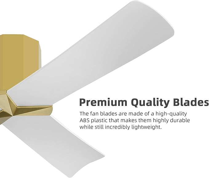 WINGBO 52" Ceiling Fan no Light - Brass and White DC Flush Mount Ceiling Fan, 3 ABS Plastic Curved Blades, 6 Speed Reversible DC Motor, Hugger Ceiling Fans No Light for Kitchen, Bedroom, Living Room