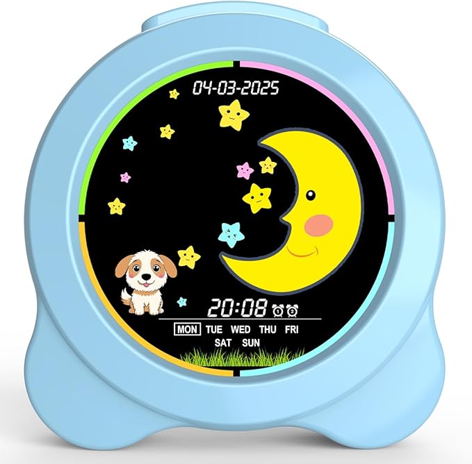 Kids Alarm Clock Sun & Moon LED Display with Day & Date OK to Wake Clock with Night Light for Kids Children's Sleep Trainer Gift for Boy and Girls (Blue)
