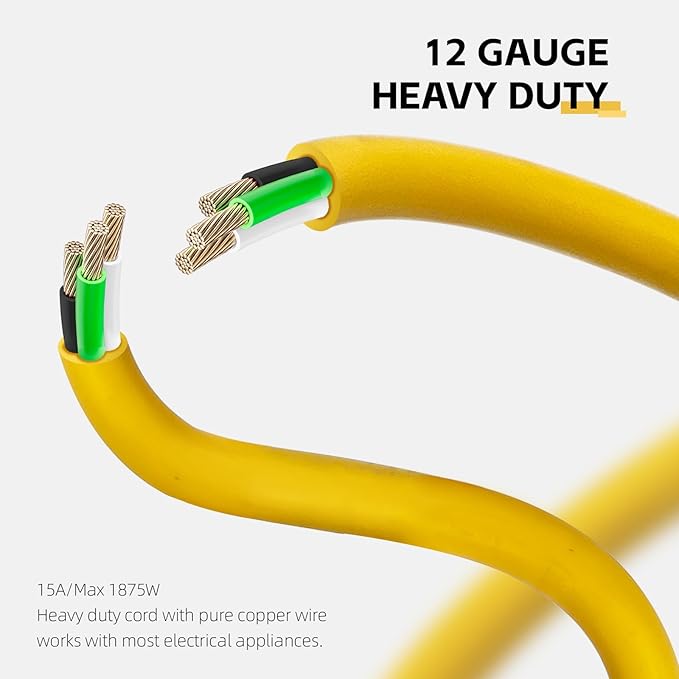 3 Ft Indoor Extension Cord - 12/3 SJTW Heavy Duty Yellow Extension Cable with 3 Prong Grounded Plug - Power Cord for Lawn, Garden, Appliances