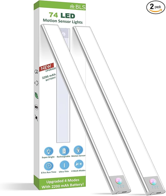 BLS Under Cabinet Lights, 74 LED lights Battery Operated Motion Sensor Light Indoor, USB C Rechargeable Closet Lights Motion Sensored, 2200mah Wireless Magnetic Light for Kitchen Night Stairs (2 Pack)