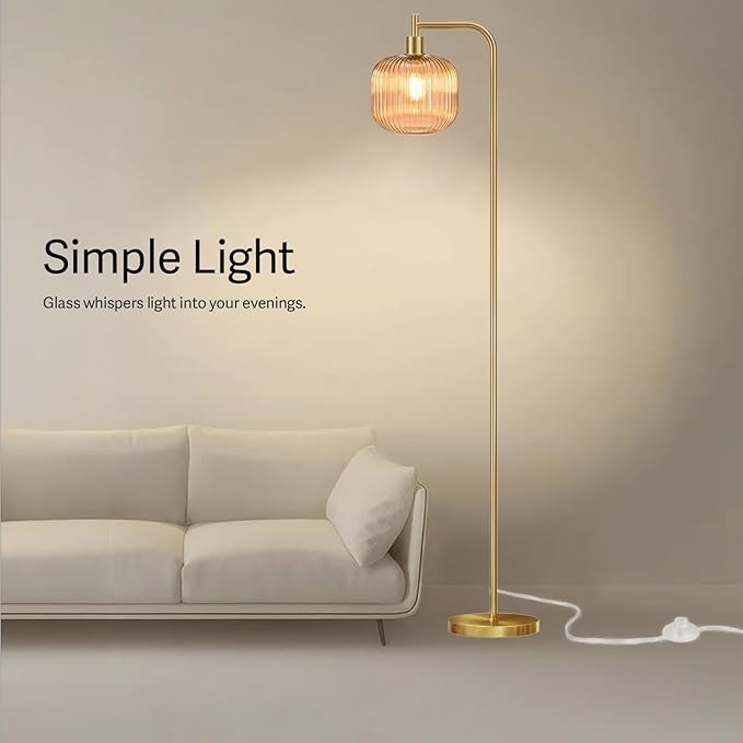Glass Floor Lamp,67" Modern Standing Lamp with Sunset Grapefruit Glass Lampshade Metal Pole for Living Room, Bedroom, Office - Heavy Base,Pedal Switch (Include Bulb)(Amber)