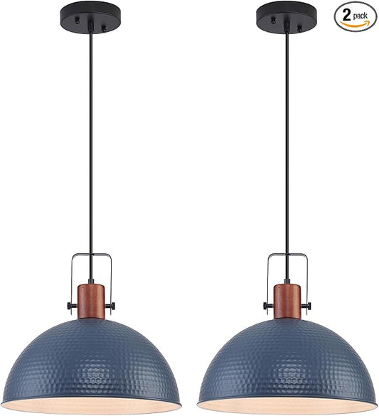 16 Inch Blue Pendant Lights Hammered Matte Pendant Lights for Kitchen Island Industrial Farmhouse Adjustable Height Dome Hanging Light Fixtures for Barn, Dining Room 2 Packs