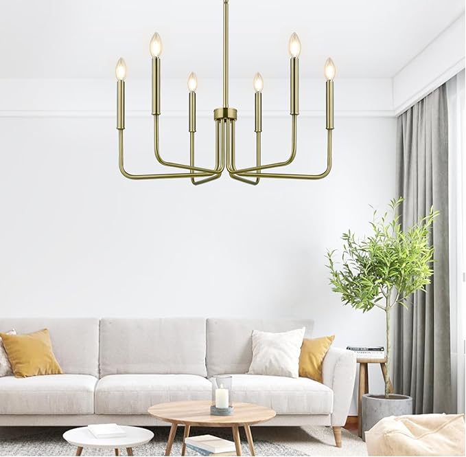 Lynnoland Brass Chandelier, 6-Light Farmhouse Chandeliers for Dining Room Lighting Fixtures Hanging, Vintage Candle Pendant Light Light Fixture for Bedroom, Kitchen, Foyer and Living Room