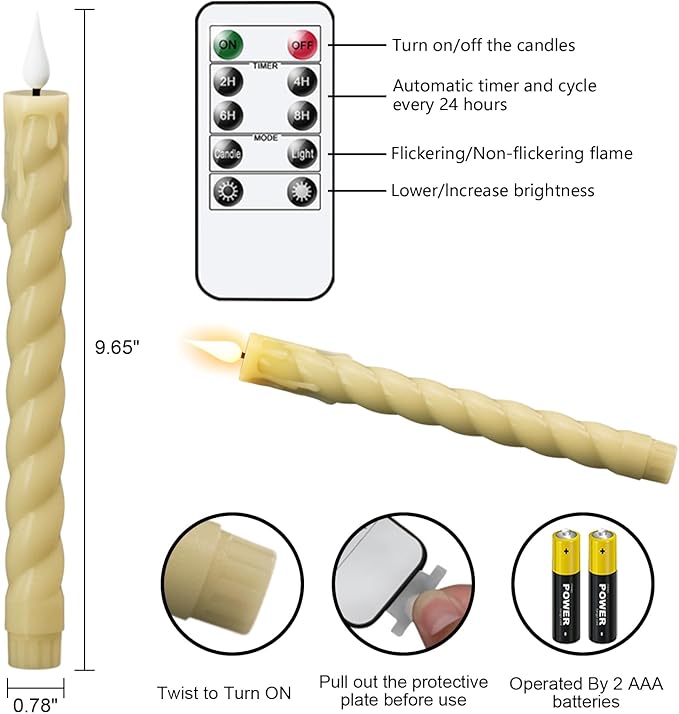 DRomance Flickering Flameless Taper Candles with Remote and Timer, 2 Pack Battery Operated LED Taper Candles 3D Wick Plastic Dripping Effect Dinner Wedding Holiday Decor(Ivory, 0.78" D x 9.65" H)