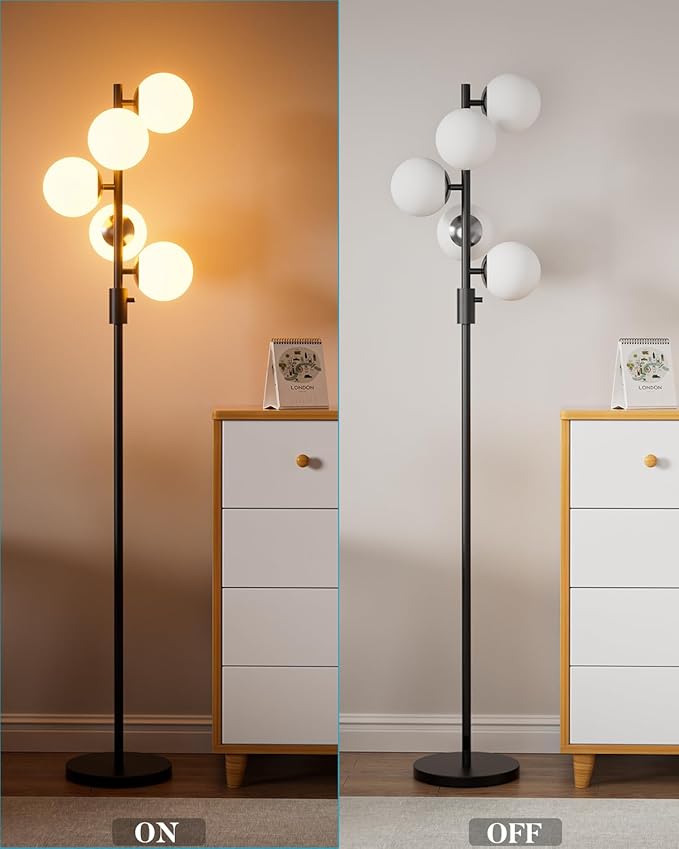 Lightdot 5-Globe Dimmable Globe Floor Lamp Black Standing Lamps with 5Pcs 3000K Bulbs Included Brightness Adjustable Retro Mid Century Modern Floor Lamp for Living Room/Sofa Beside/Corner Decor