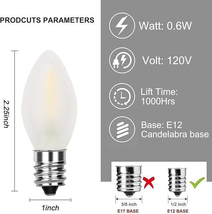 25 Pack C7 Frosted White Replacement Bulbs, Christmas Frosted White LED Light Bulbs Vintage Light Bulbs for Christmas Indoor Outdoor String Lights, E12/C7 Candelabra Base, 0.6 Watt