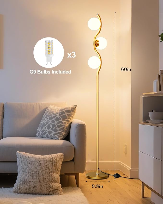 Lightdot Globe Floor Lamp for Living Room, Mid Century Modern Floor Lamps with 3Pcs 3000K Soft Warm White G9 Bulbs Included, Gold Tall Standing Lamp for Bedroom/Sofa Beside/Corner Decor