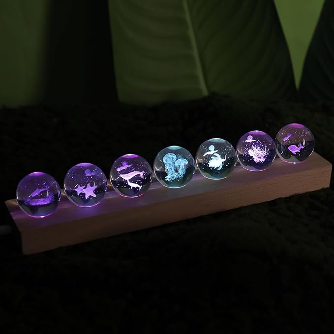 3D Laser Crystal Ball Ocean-Themed Crystal Ball Night Light with Led Lamp Base for Children Bedroom Decoration - Jellyfish Dolphins Sharks Starfish Whales Coral Turtles Gifts