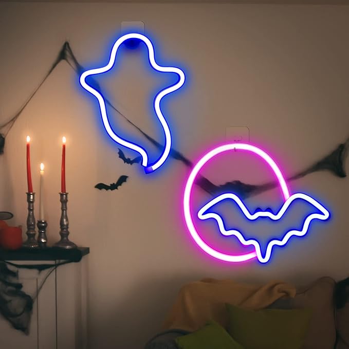 Amylove 2 Pcs Halloween Decoration LED Neon Sign Lights, Ghost and Bat LED Neon Lights, Glowing Moon Hanging Sign USB/Battery Powered for Halloween Party Wall Window Decor Gift Indoor