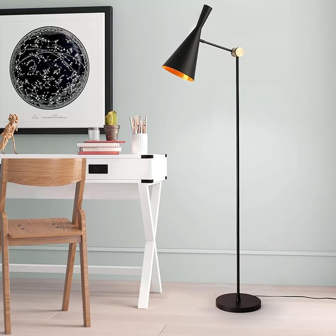 Modern Industrial Floor Lamp For Bedroom, 64'' Adjustable Gold Inner Shade Tall Floor Lamp For Office, Living Room, Skinny Corner Accent Reading Standing Lamp, Retro Farmhouse Mid-Century, Black