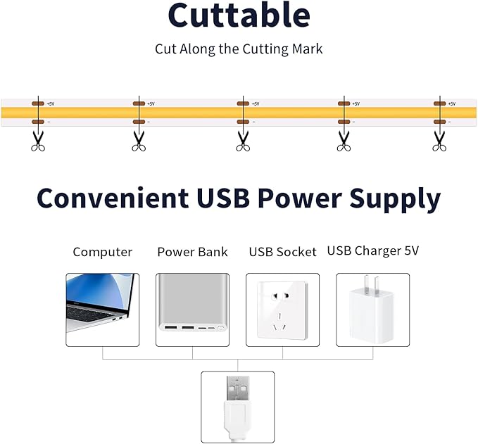 6.56FT/2M COB LED Strip Light, Warm White 3000K USB LED Tape Lights, 640LEDs CRI93+Flexible Dimmable Light Strip for TV Backlight, Cabinet Lighting, Mirror, Bedroom Decor