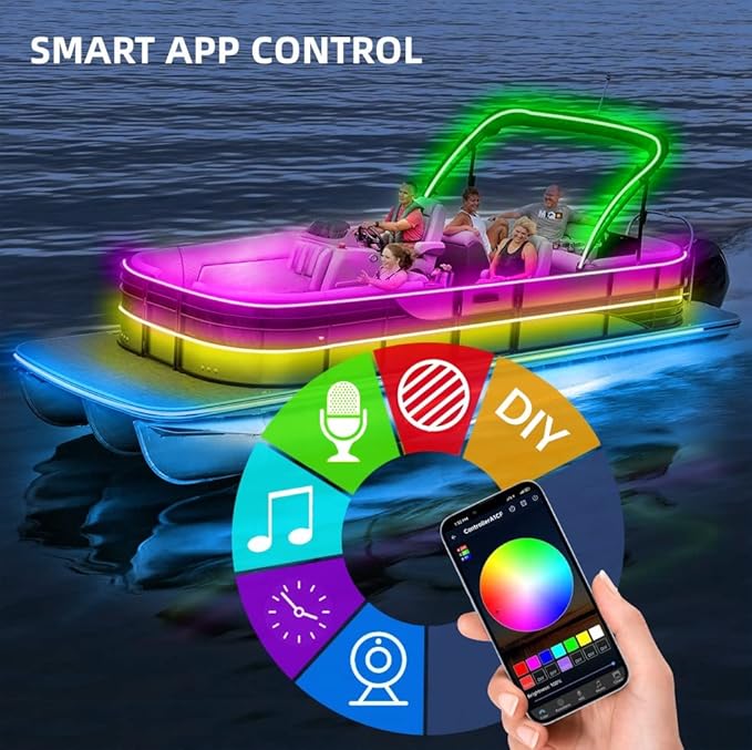 Marine Submersible Boat LED Strip Lights, 50FT IP68 Waterproof Underwater Boat RGB Lights, Boat Deck Light, Under Boat Light for Night Fishing Pontoon Boats, RF/APP Control