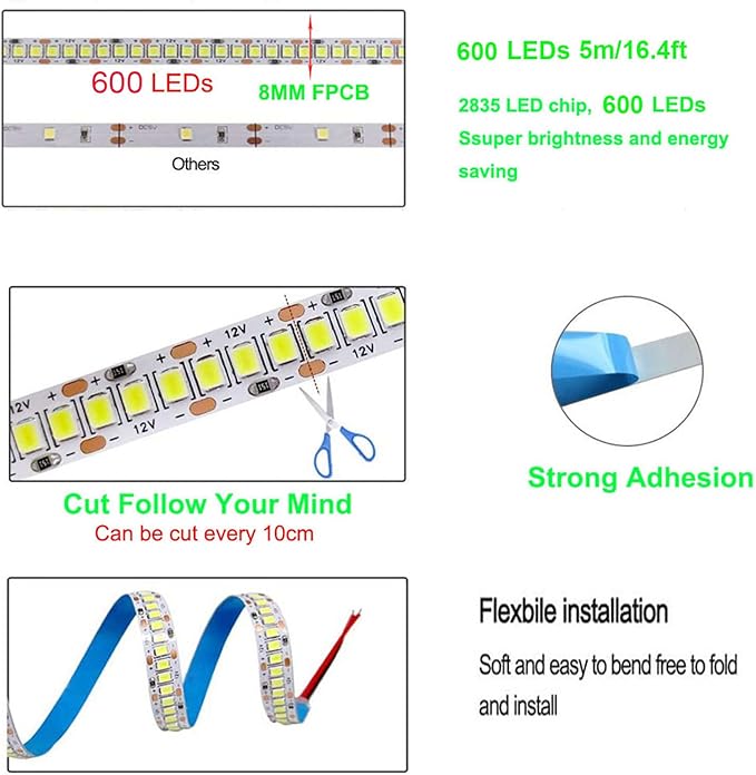 AC110-130V LED Strip Lights，Dimmable 10000LM 16.4ft/5m SMD 2835 600 LEDs Waterproof IP44 LED Lights Strip Ribbon, More Brightness Than Low Voltage LED Strip Lights (Blue)