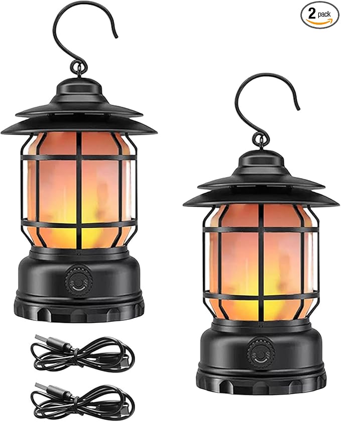 2PACK Rechargeable Camping Lantern, Flame Decorative Table Lamp, 2 Modes LED Light with Hook,Dimmable Vintage Style,Portable Waterproof Camping Light for Indoor/Outdoor Use