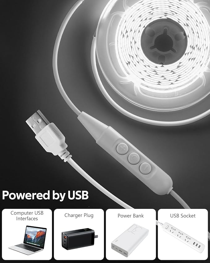 Aclorol 5V USB Powered Dimmable COB LED Strip Light 6.56FT Cold White LED Strip Light for Bedroom Dotless 640LEDs Tape Light for TV Backlight Roof Under Cabinet Wardrobe Mirror Lighting 6000K CRI85+