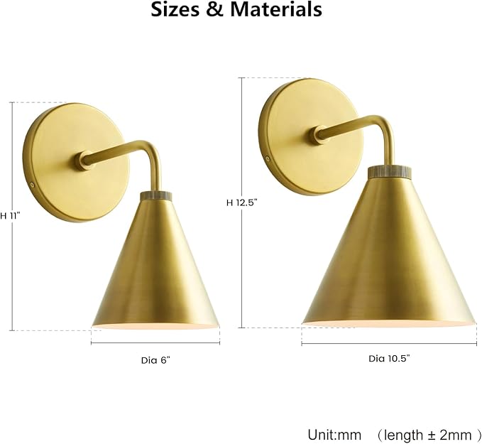 Retro Industrial Metal Cone Sconce Light - Vintage-Inspired Modern Gold Wall Sconce with Metal Shade, Wall Mount Lighting for Bedroom, Hallway, Living Room (Black and Gold, 11 inch)