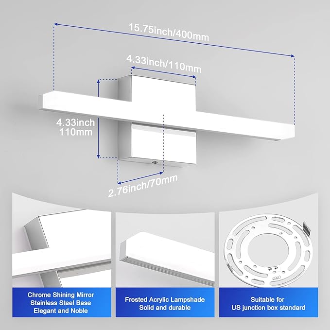 Combuh Modern Bathroom Light Fixtures Over Mirror, 16 Inch IP44 9W Chrome Vanity Light Bar for Bathroom, Wall Light Fixtures Cool White 6000K