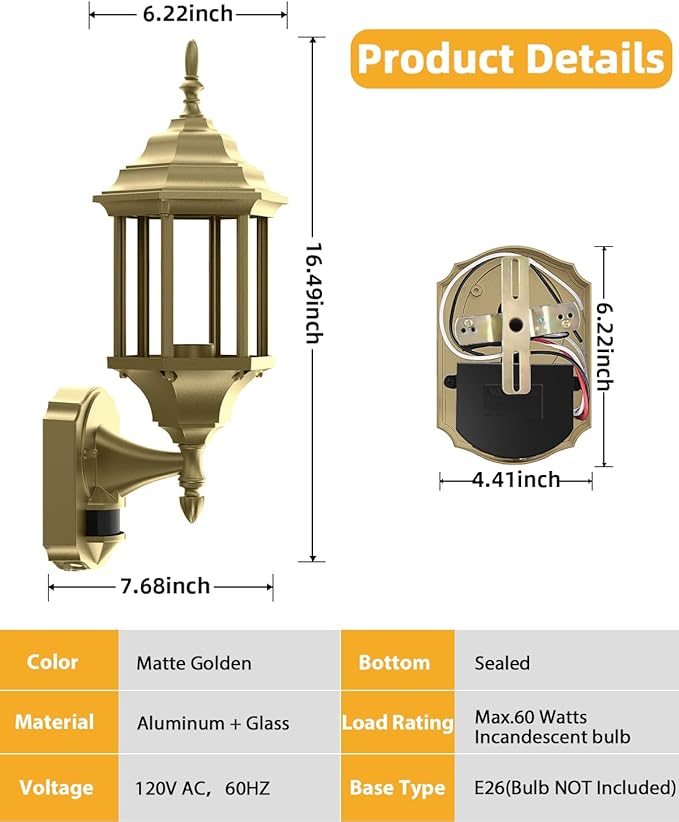 Redluck Motion Sensor Outdoor Lights, 2 Pack 16 inch Dusk to Dawn Outside Porch Lights, Waterproof Anti-Rust Aluminum Outdoor Wall Lights Exterior Lighting Fixtures for House, Garage, Front Door, Gold