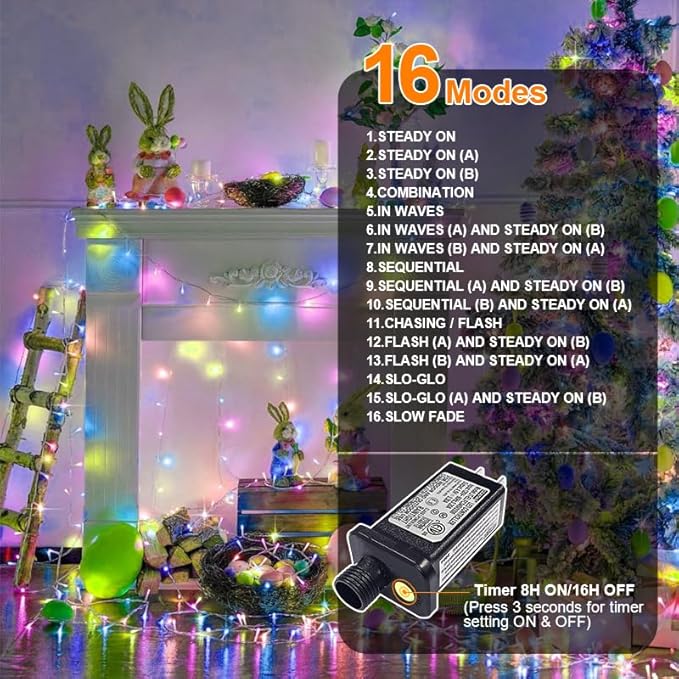 LAMPHOME Pastel Easter Lights String, Multicolor Christmas Mini Light, 32.5FT 100 LED with 16 Light Modes, Fairy Lights Plug in for Outdoor Xmas Trees Garland Wreath Holiday Decorations