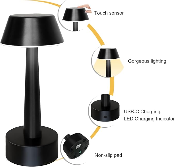 UMEXUS Cordless Small Table Lamps Rechargeable Battery Operated 3-Way Touch Dimmable Metal Portable Mini Lamp Bedside Night Light for Bar, Restaurant, Dinner, Outdoor, Home Decor Black
