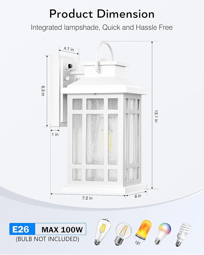 White Dusk to Dawn Outdoor Lighting 2-Pack, Outside Wall Lights with Seed Glass, Outdoor Light for House, Garage, Garden, Entryway, Doorway, 100% Aluminum Waterproof and Anti-Rust, E26 Socket
