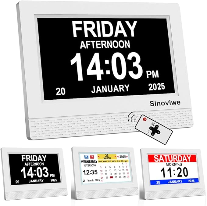 Digital Alarm Clock 7" HD Large Screen Digital Calendar with Auto-Dimming, Clear Day/Date Display for Alzheimer's Dementia Seniors & Low Vision with Remote Control and Custom Reminder Function(White)