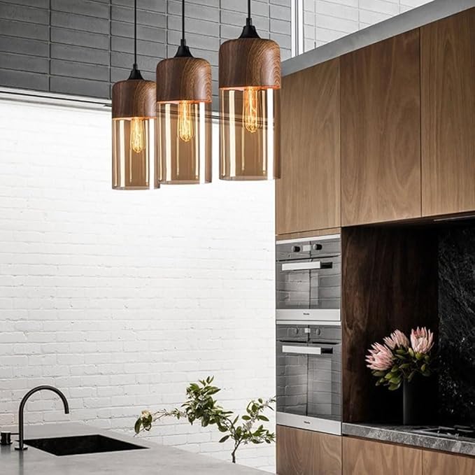 Walnut Pendant Light for Kitchen Over Sink Japanese Style Height Adjustable Glass Hanging Lamp Modern Hanging Lamp with Vintage Wood Grain Pendant Chandelier for Bedroom Dining Room Hallway(A