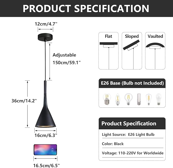 KCO Lighting Farmhouse Black Cone Pendant Light 1-Light Small Industrial Kitchen Island Pendant Lighting Mid Century Barn Ceiling Pendant Light Fixture Mini Adjustable Hanging Lamp