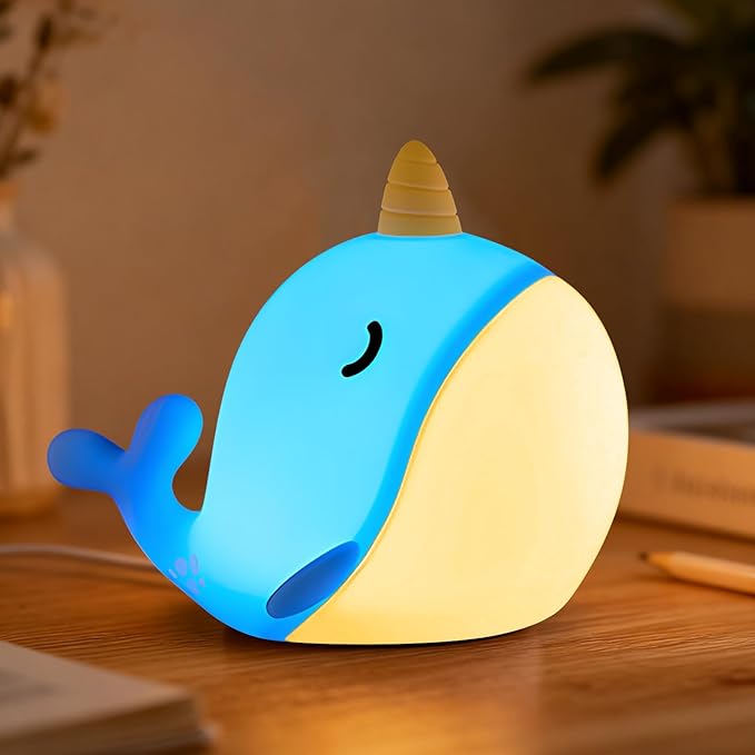 Cute Narwhal Night Light, Tap Control with 3 Warm White Brightness, USB Kids Bed Lamp with 30-Minute Timer, Soft Silicone Glow for Nursery, Birthday Gift (Blue Narwhal)