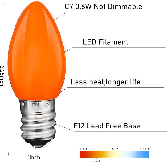 25 Pack C7 LED Christmas Lights Replacement Bulbs,Ceramic Orange Night Light Bulbs 0.6Watt Plastic Shatterproof LED Bulb E12 Replacement Bulbs for Outdoor Christmas String Lights,Candle Lights