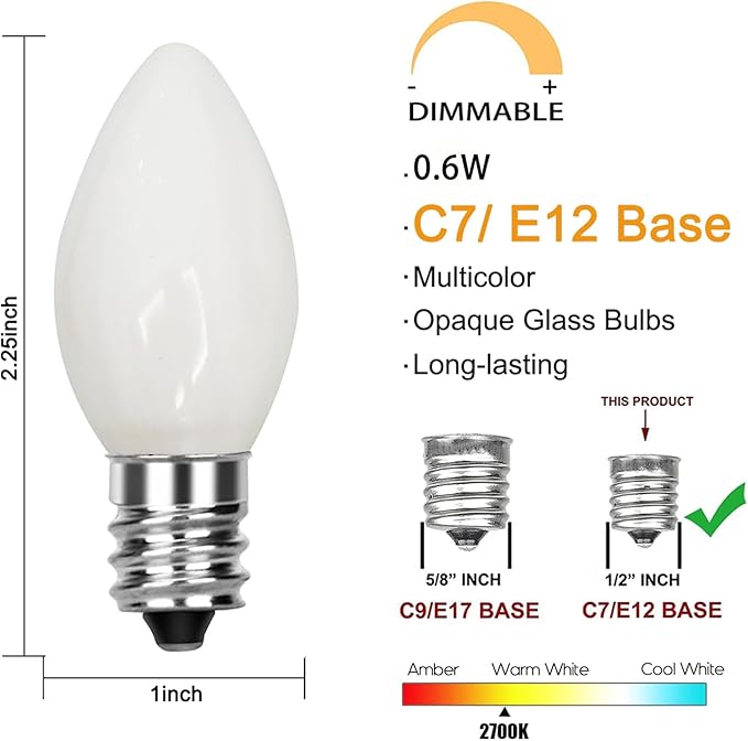 GOOTHY 25 Pack C7 LED Night Light Bulb, C7 White Outdoor Christmas String Light Replacement Bulbs Waterproof, E12 LED Candelabrae Base Bulbs, 0.6 Watt Saving Enengy Chandelier Bulb