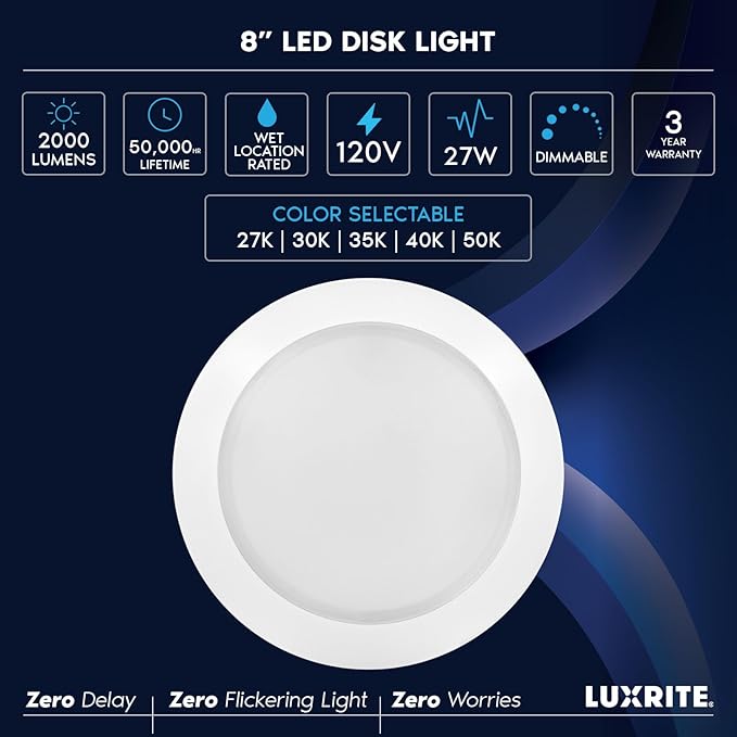 LUXRITE 8 Inch LED Disk Lights, 27W, 5CCT Selectable 2700K- 5000K, Flush Mount Recessed Retrofit Ceiling Light, 2000LM, Dimmable, J-Box or 6" Can Install, 9.4" Face Diameter, Energy Star, ETL