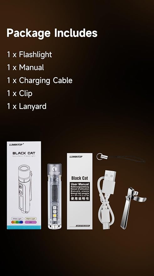 LUMINTOP Black CAT Mini EDC Flashlight 400 Lumens Rechargeable with UV Light Warm White Side Light Magnetic Tail for Camping Hiking