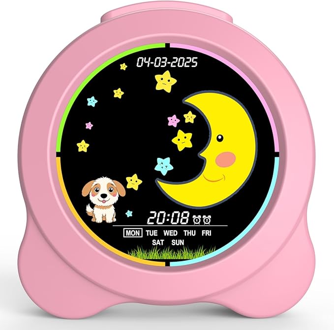 Kids Alarm Clock Sun & Moon LED Display with Day & Date OK to Wake Clock with Night Light for Kids Children's Sleep Trainer Gift for Boy and Girls (Pink)