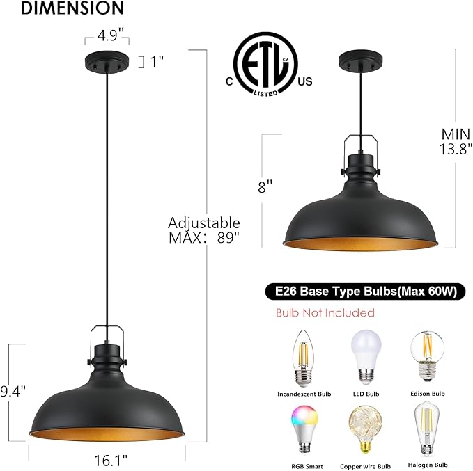 Black Farmhouse Pendant Lights 16 Inch Matte Pendant Lighting for Kitchen Island Industrial Adjustable Height Vintage Dome Hanging Light Fixtures for Barn, Dining Room 1 Pack