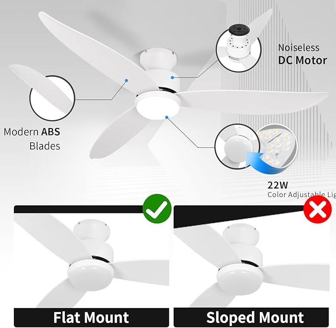 White 52 inch Ceiling Fans with Lights and Remote, 3 Blade Modern Low Profile Ceiling Fan, 6 Speeds Quiet Reversible DC Motor, 3 Color Dimmable LED Light for Bedroom Living Room Indoor Patio White