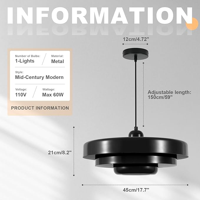 Black Dome Pendant Light, 17.7" Adjustable Nordic Flush Mount Chandelier for Kitchen Island Over Sink, Contemporary Farmhouse Dining Room, Bedroom Lighting
