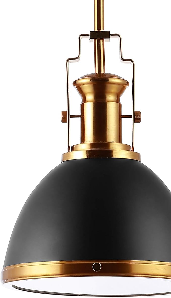 JONATHAN Y 10" Black/Brass Gold Modern Industrial Iron LED Dome Pendant Light, Adjustable Hanging Fixture for Kitchen Island or Entryway, Black Metal Shade, LED Bulb Included JYL9535A