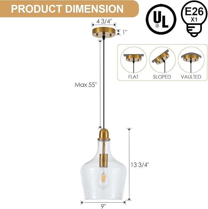9” Seeded Glass Pendant Light Modern Brass 1 Light Single Dome Bubble Pendant Lighting Fixtures for Kitchen Island Dining Room Hallway, UL Listed