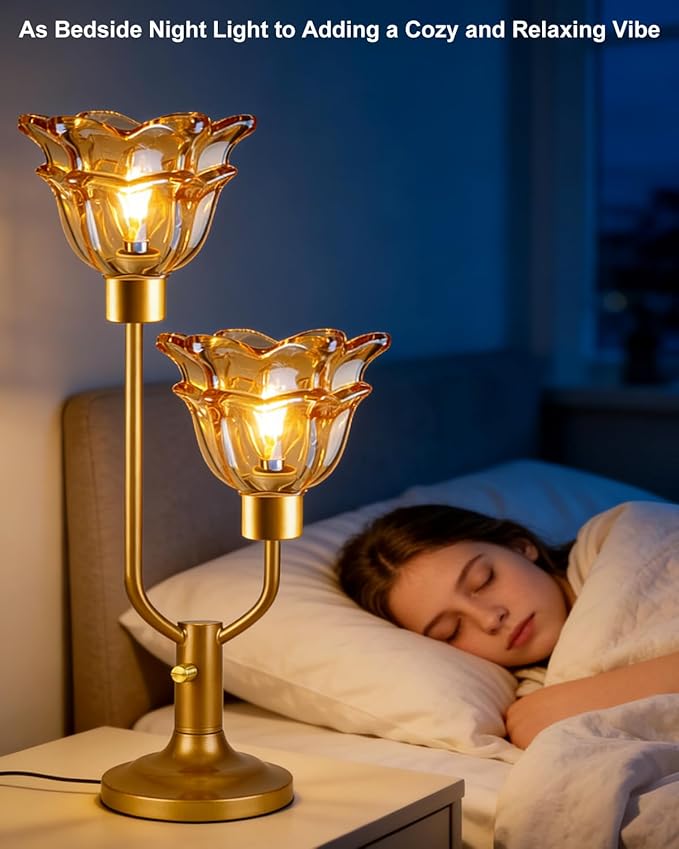 Lightdot Mid Century Modern Flower Table Lamp Gold Dimmable U-Shaped Brown Glass Desk Lamps with 2Pcs 3000K Warmwhite Bulbs Included Bedside Nightstand Lamp for Living Room Bedroom