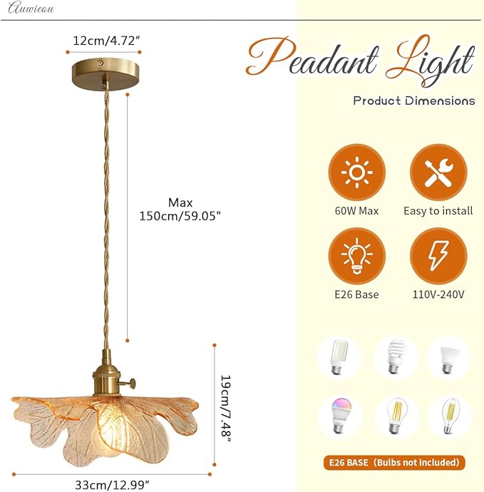 Modern Pendant Light 2 Pack Glass Pendant Lights with Hand Blown Amber Glass Shade Brass Pendant Light Kitchen Island Gold Adjustable Ceiling Hanging Light for Dining Room Bedroom
