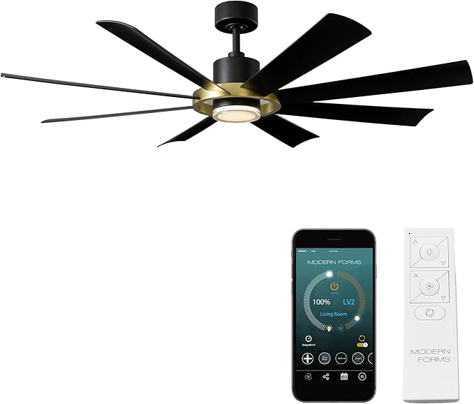 Modern Forms Aura Indoor and Outdoor 8-Blade 60in Smart Ceiling Fan in Matte Black Soft Brass Ring with 2700K-3000K-4000K-5000K Selectable LED Light Kit and Remote Control works App