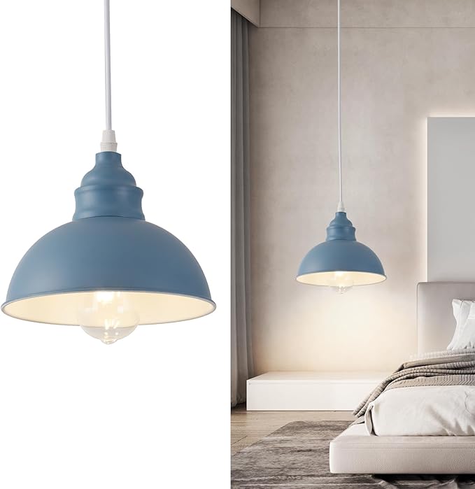 Plug in Pendant Light, 15FT Hanging Lights, On/Off Switch, Industrial Pendant Light with Plug in Cord, Metal Hanging Lamps for Living Room, Kitchen, Dining Room Blue