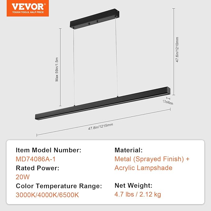 VEVOR Dimmable Linear Pendant Light, 20W, 47 in LED Linear Light Fixture Chandelier with Acrylic Lampshade 3000K / 4000K / 6500K Color Temperature Adjustable Height, for Dining Room Kitchen Island