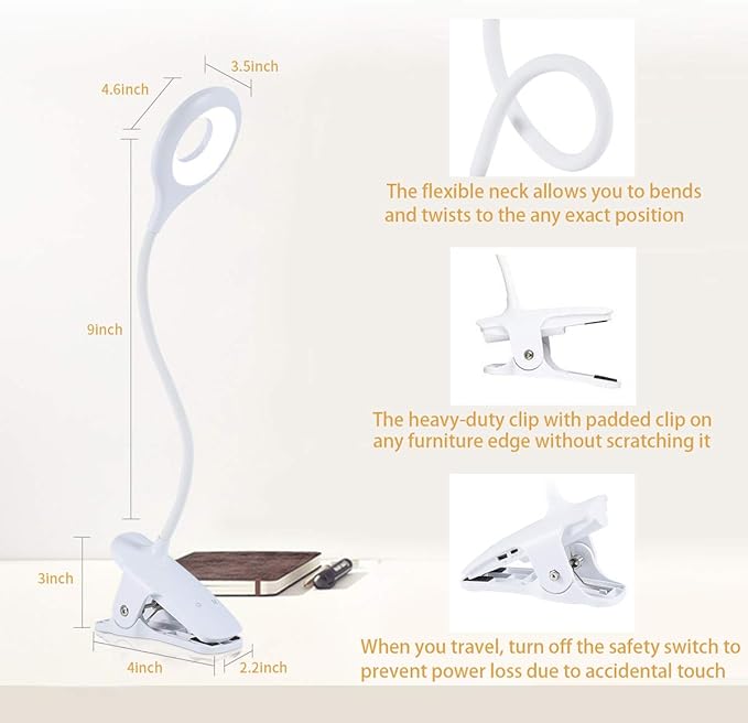 Reading Light, 28 LEDs Rechargeable Clip on Lamp, 3 Color x 3 Brightness Clip On Light for Bed Headboard with Safety Switch, Eye Protection Book Light for Reading in Bed, Touch Control Table Desk Lamp