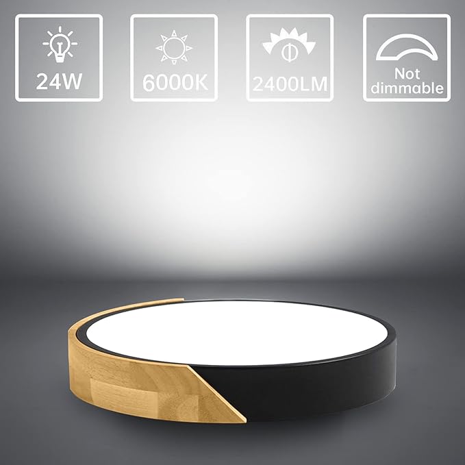 Led Ceiling Light Flush Mount: 12 Inch 24W Bedroom Light Fixture with Round Wood Modern Black Flat Overhead Minimalist Ceiling Lamps for Kitchen Hallway Laundry Cold White 6000K, Not Dimmable